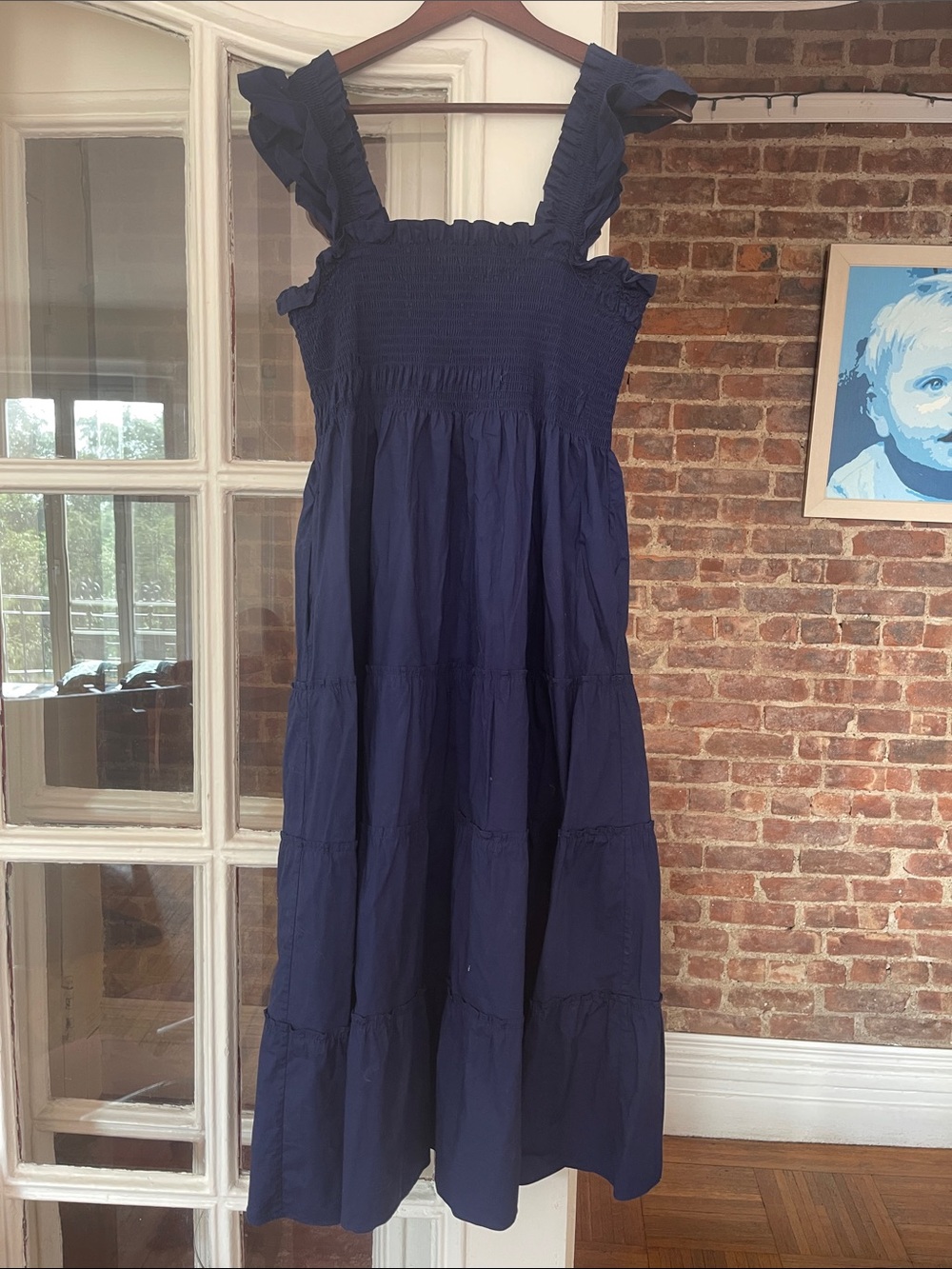Hill House Navy Ruffle-Shoulder Midi Dress